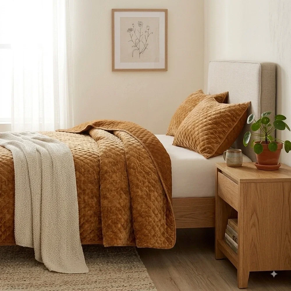 Zera Caramel Gold 100% Velvet 5 piece Comforter Set Queen